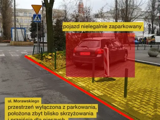 Nielegalnie zaparkowany pojazd na ul. Morawskiego. Przestrzeń wyłączona z parkowania, zbyt blisko skrzyżowania i przejścia dla pieszych.