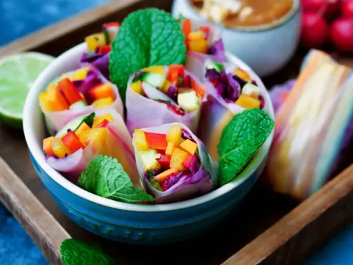 Frische Sommerrollen mit buntem Gemüse, Minze und einer Limettenspalte. Ein leichtes Sommerrollen Rezept für heiße Tage.