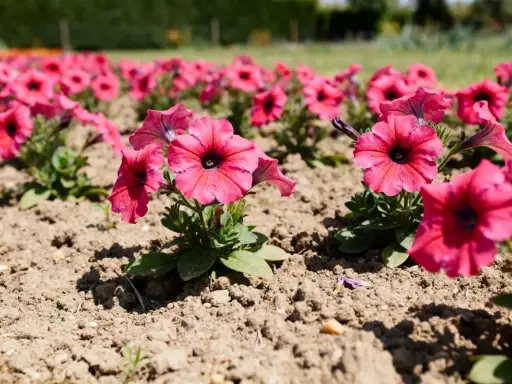 Des pétunias roses vifs en pleine exposition, leurs corolles évasées s'ouvrant sur un cœur sombre. Une belle scène printanière.