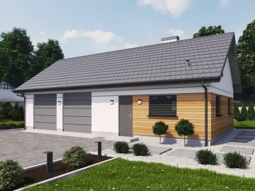 Nowoczesny budynek gospodarczy projekt: garaż na dwa samochody, drewniana elewacja, szary dach, zadbany ogród.