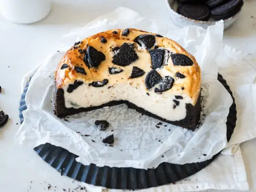 Ein cremiger Oreo Kuchen mit einem dunklen Keksboden, dekoriert mit ganzen und zerbrochenen Oreos.