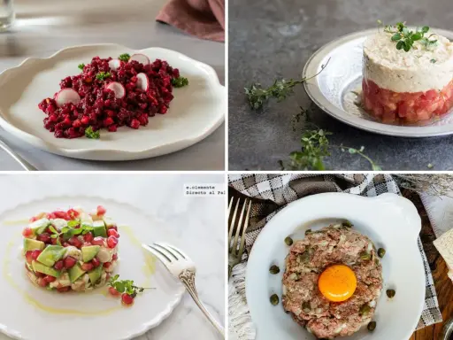 Cuatro platos de tartar: de remolacha, de atún, de aguacate y granada, y de carne con huevo.