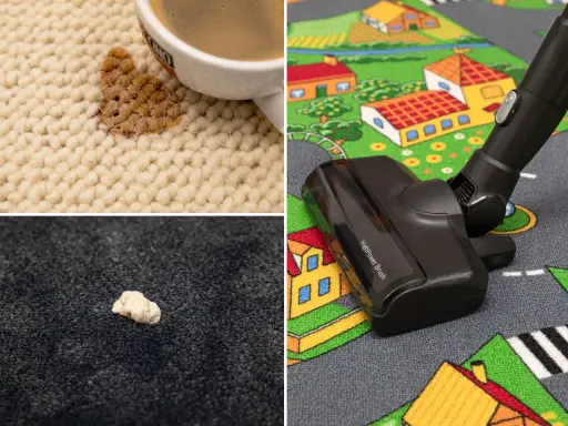 Kaffee verschüttet, Kaugummi klebt: braune Flecken auf dem Teppich und ein Staubsauger auf einem Spielteppich.