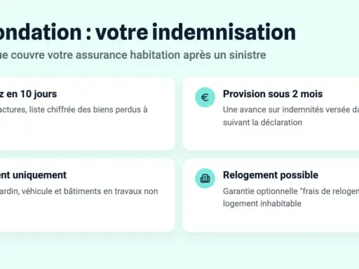 Indemnisation après inondation : déclaration sous 10 jours, provision sous 2 mois, et prise en charge du logement. Le délai travaux après sinistre est géré.