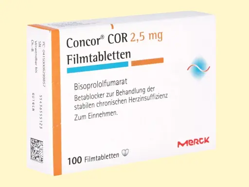 Opakowanie leku Concor COR 2,5 mg, zawierające 100 tabletek powlekanych, stosowanych w leczeniu niewydolności serca.