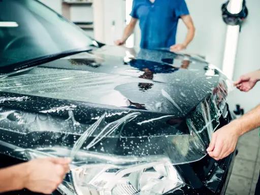 Profesjonaliści nakładają folię ochronną na maskę czarnego auta. To kluczowy etap car wrappingu, chroniący lakier.