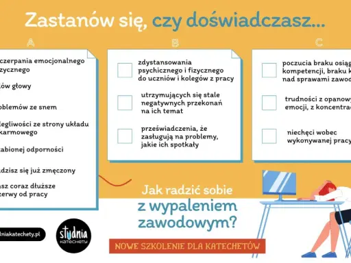 Zastanów się, czy doświadczasz wypalenia zawodowego. Grafika przedstawia objawy i pytania pomocne w diagnozie, jak sobie radzić z tym problemem.