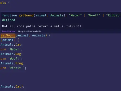 Kod TypeScript z instrukcją `switch case` dla enum `Animals`. Funkcja `getSound` zwraca dźwięk zwierzęcia.