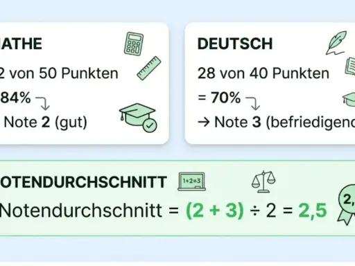 Zwei Karten zeigen Notenberechnungen für Mathe und Deutsch, darunter die Formel für den Notendurchschnitt.