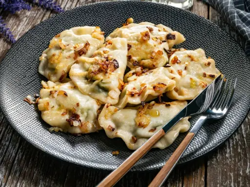 Pyszne pierogi, jak przygotować mrożone pierogi, podane na talerzu z zasmażoną cebulką.