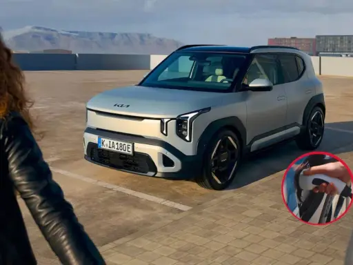Un hombre sonriente se acerca a su primer vehículo eléctrico, un moderno SUV plateado, listo para cargarlo.