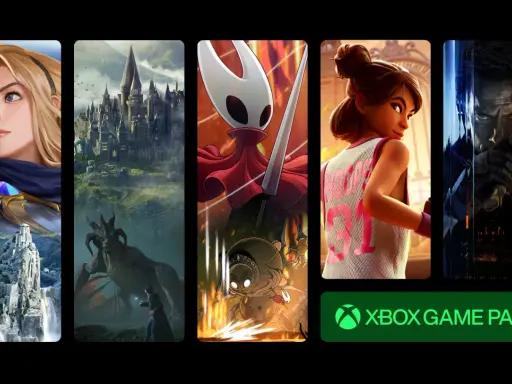 Pięć paneli z grafikami z gier: postać z League of Legends, Hogwart, Hollow Knight, postać z gry sportowej i mężczyzna z gry akcji.