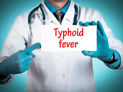 Läkare med blå handskar pekar på en skylt med texten "Typhoid fever".