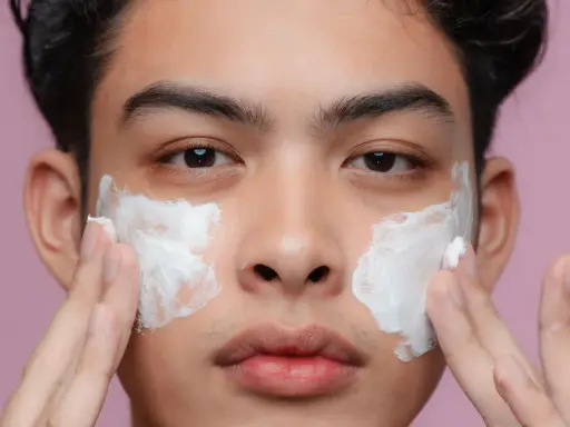 Uomo applica crema sul viso per una pelle perfetta.