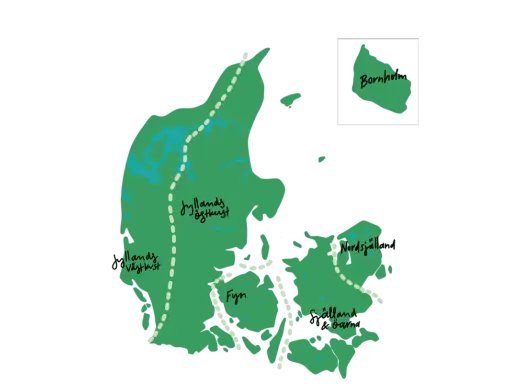 Karta över Danmark med regioner som Jyllands östkust, Fyn och Själland. En inramad Bornholm syns också. Utforska danmark natur!