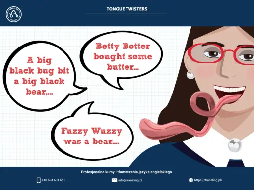 Najtrudniejsze łamańce językowe po angielsku: "A big black bug bit a big black bear", "Betty Botter bought some butter", "Fuzzy Wuzzy was a bear".