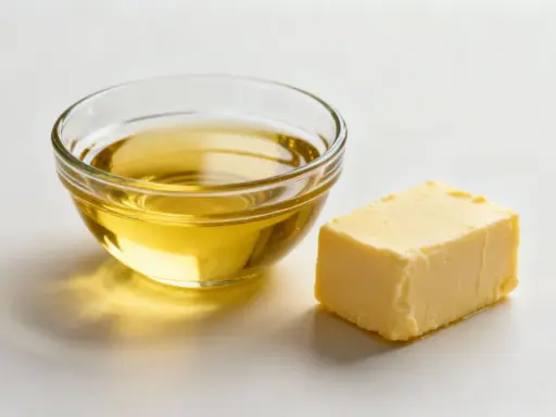 Ein Stück Butter und eine Schüssel mit Öl, bereit für die Zubereitung von Transfetten.