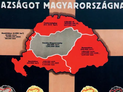 Mapa przedstawiająca okrojoną Węgry po traktacie w Trianon, z zaznaczonymi utraconymi terytoriami i ludnością.