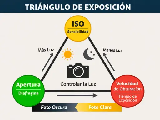 Diagrama del triángulo de exposición: ISO, apertura y velocidad de obturación. Controlar la luz para una exposición perfecta.
