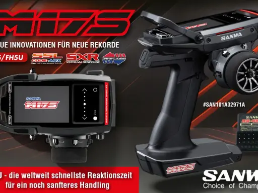 Sanwa M17 Fernsteuerung mit Display und RX-493i Empfänger. Neue Innovationen für neue Rekorde und schnellste Reaktionszeit.