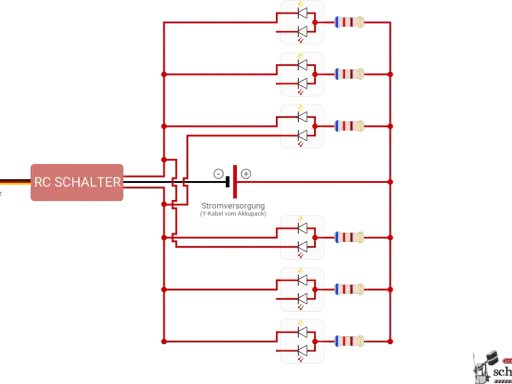 Schaltplan mit RC-Schalter, der sechs rote LEDs mit Widerständen steuert, gespeist von einem Akkupack.