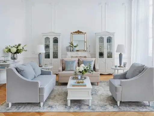 Salotto in stile shabby chic con divani grigi, poltrone, tavolino bianco, specchio dorato e vetrine bianche.