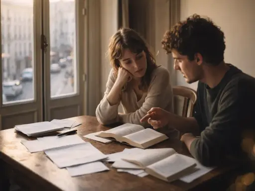 Un couple étudie ensemble, le garçon explique la conjugaison à la fille. Ils contribuent mutuellement à leur apprentissage.