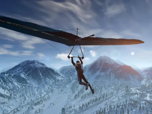 Gracz szybuje na lotni nad ośnieżonymi górami, podziwiając krajobraz w grze Ring of Elysium.