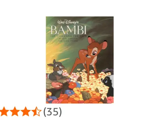 Okładka książki "Bambi" z Disneyowskiej bajki. Bambi, królik i skunks wśród kwiatów.