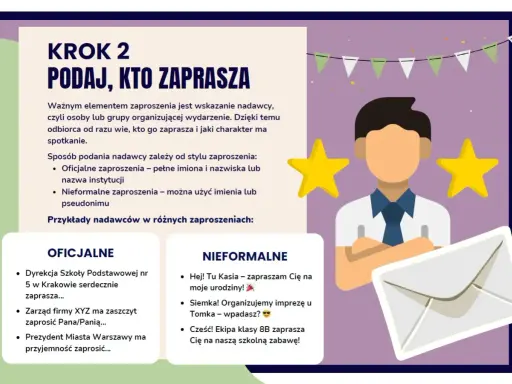 Krok 2: Podaj, kto zaprasza. Ilustracja przedstawia schematyczną postać z dwoma gwiazdkami, obok koperty i tekstu o zaproszeniach.