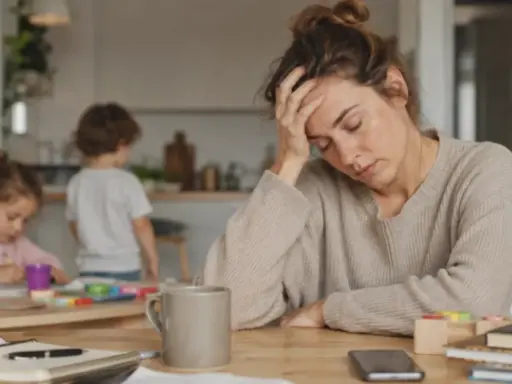 Donna esausta con la mano sulla fronte, circondata da giocattoli e bambini. Un'immagine che cattura il **burnout genitoriale**.