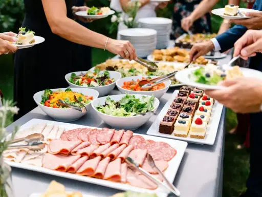 Un délicieux buffet froid avec salades fraîches, charcuteries variées et petits gâteaux colorés, prêt à régaler les convives.