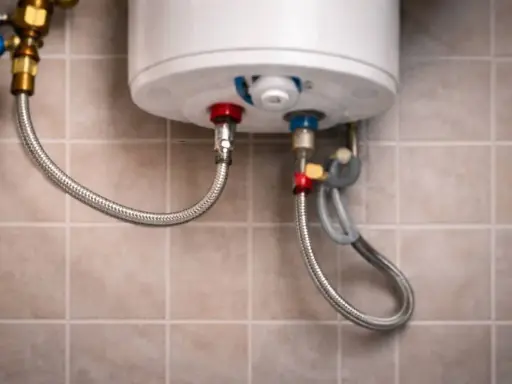 Detalles de cómo cambiar un termo eléctrico: conexiones de agua fría y caliente con mangueras flexibles.