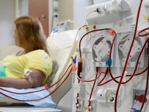 Kobieta podłączona do dializatora, który jest kluczowym elementem w leczeniu niewydolności nerek.