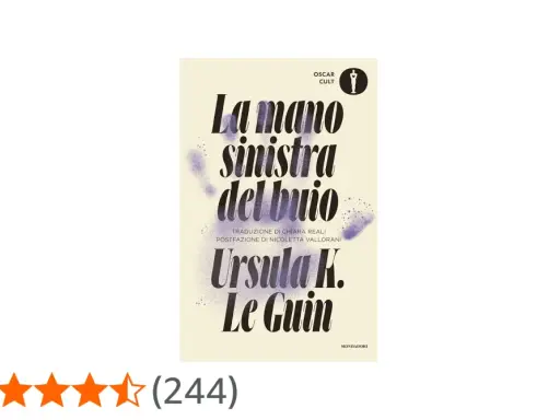 Copertina del libro "La mano sinistra del buio" di Ursula K. Le Guin, con un design astratto e stelle viola.