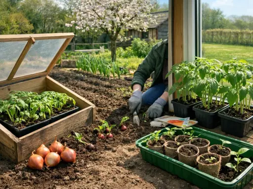 Jardiner en mars : semis de tomates sous châssis, plantation d'oignons et repiquage de jeunes plants. Le printemps s'annonce au jardin.