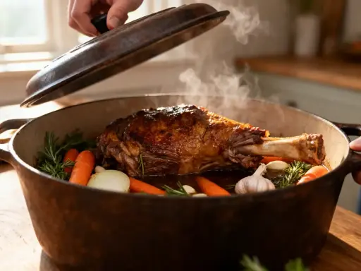 Gigot d'agneau rôti, prêt pour une recette agneau pascal, avec carottes, oignons et ail dans une cocotte fumante.