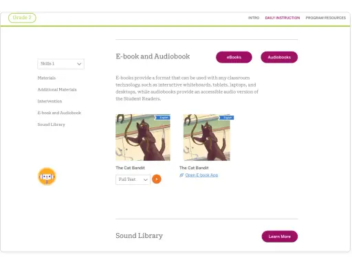 Dostępne audiobooki po angielsku z tekstem, w tym "The Cat Bandit". Możliwość wyboru pełnego tekstu.