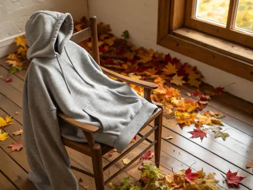 Szara bluza z kapturem na drewnianym krześle, otoczona jesiennymi liśćmi. Idealna jako jaka bluza do szarych dresów na chłodne dni.