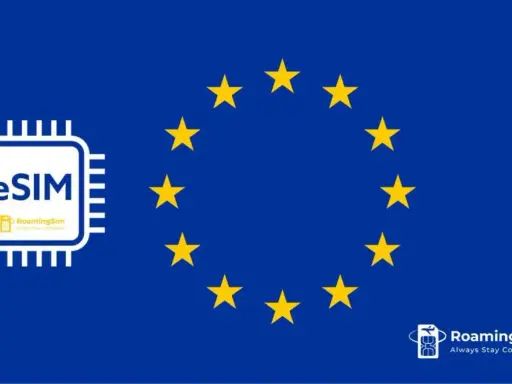 eSIM od RoamingSim to Twój klucz do swobodnego internetu mobilnego za granicą, z symbolem Unii Europejskiej.
