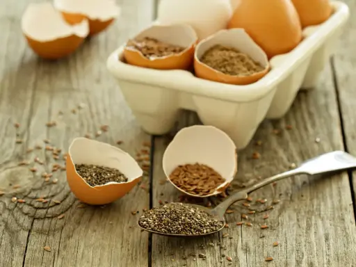 Łyżka nasion chia i siemienia lnianego w skorupkach jajek. Szukasz, czym zastąpić nasiona chia? Siemię lniane to świetna alternatywa.