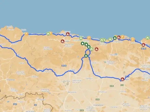 Karte zeigt eine Route durch Nordspanien, ideal für einen Urlaub mit vielen Sehenswürdigkeiten und Etappen.