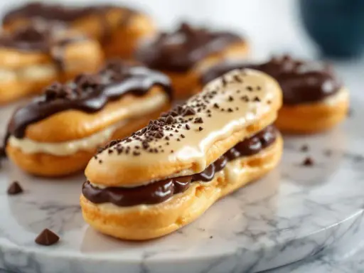 Éclairs gourmands, parfaits après le temps de cuisson pâte à choux. Garnis de crème et nappés de chocolat, ils sont prêts à être dégustés.