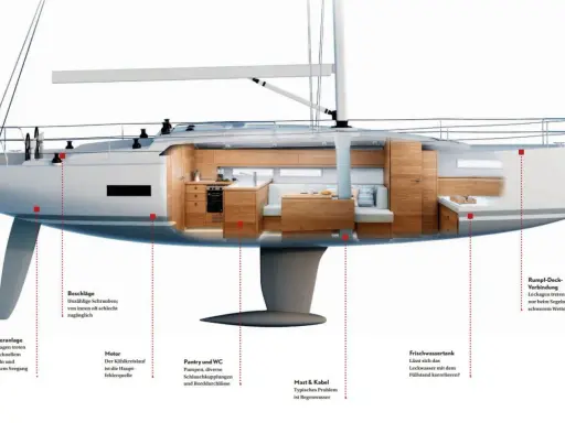 Schnittzeichnung eines modernen Segelboots mit detaillierter Darstellung von Pantry, WC, Motor und Ruderanlage. Ein bilge schiff, das die potenziellen Leckstellen aufzeigt.