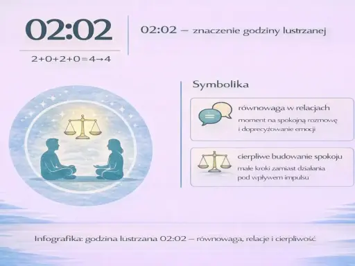 Godzina lustrzana 02:02 symbolizuje równowagę w relacjach i cierpliwe budowanie spokoju.
