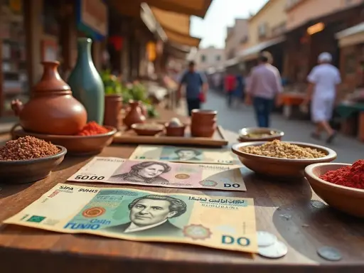 Na stole leżą banknoty, które są walutą Tunezji, obok miseczek z przyprawami i ziarnami.