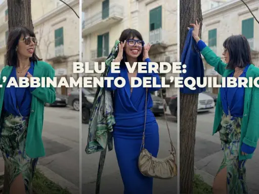 Donna con abito blu e giacca verde, un perfetto verde e blu abbinamento.