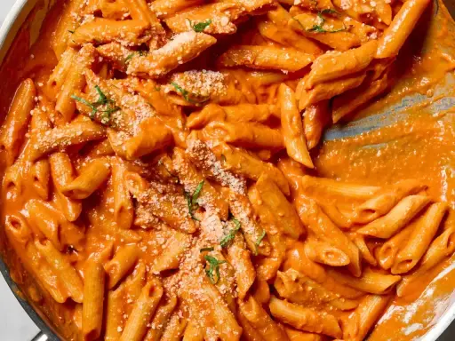 Penne alla vodka w kremowym sosie pomidorowym, posypane parmezanem i bazylią.