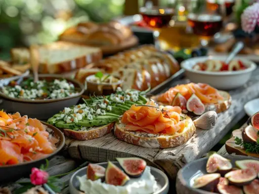 En härlig brunch med rökt lax, avokado, färskost och fikon på rustikt bröd. Perfekt för ett somrigt brunch recept.