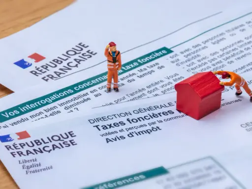 Figurines sur des documents fiscaux français. L'une pousse une maison rouge, symbolisant la taxe foncière pour un revenu modeste.